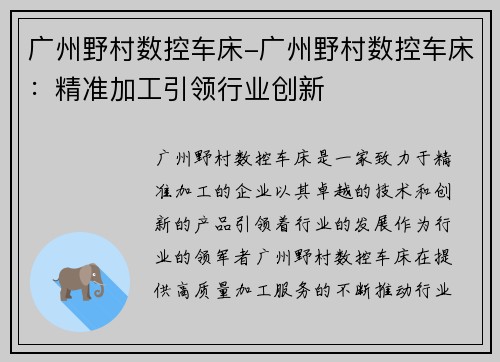 广州野村数控车床-广州野村数控车床：精准加工引领行业创新